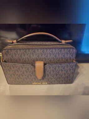Michael Kors Brown Signature Monogram Medium Double Zip Phone Cross